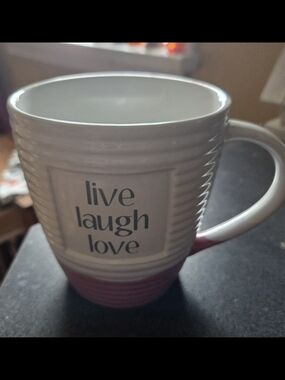 Live Laugh Love Ceramic Mug — White with Pink Accent